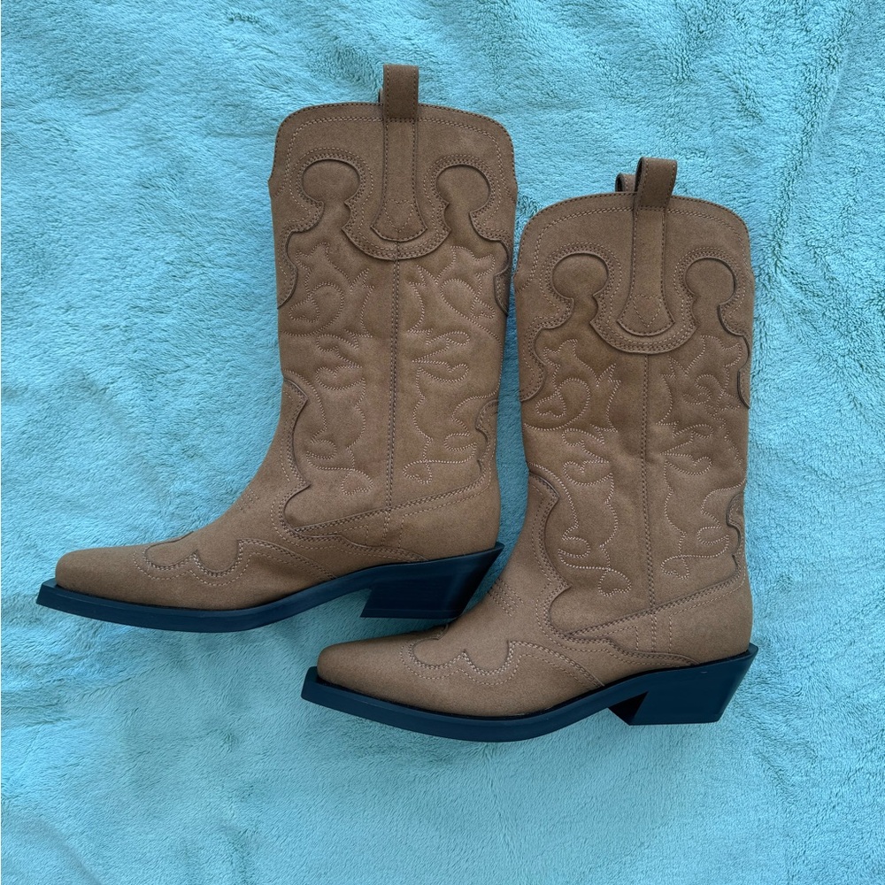 GANNI Mid Shaft Embroidered Western Boots Tobacco Brown EU 40 - Picture 2 of 8